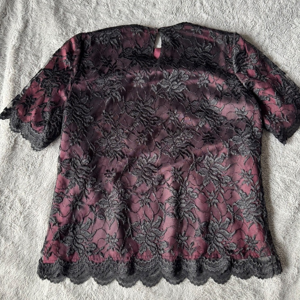 Vintage Erica Louis Lace Blouse M Burgundy Black Floral Sheer Goth Romantic USA